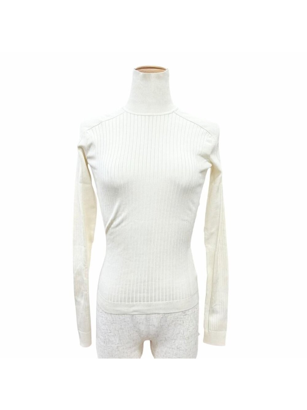 Hermes Silk 82% High Neck Long Sleeve Rib Knit Top Ivory Silhouette Sweater 34